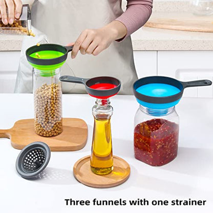 Funnel with Strainer for Kitchen Use, Dokpod Silicone Funnels for Filling Bottles and Wide Mouth Canning, Collapsible Kitchen Funnel with Filter
