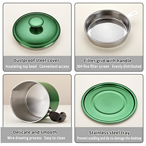 Kyraton Bacon Grease Container With Strainer, 48 oz Metal Shining Green Coating Oil Container, Pot Fat Storage With Lid, Easy Grip Handle Suitable For Storing Frying Oil And Cooking Grease - color: 3. Metal Green