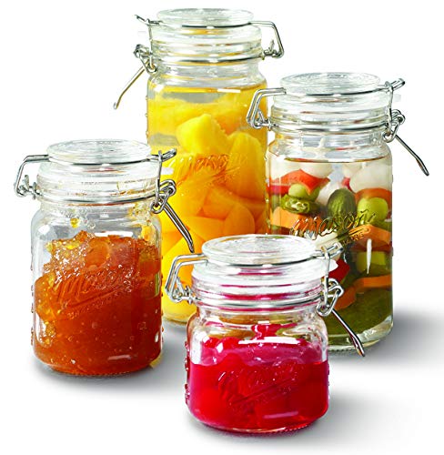 Mason Craft & More Airtight Kitchen Food Storage Clear Glass Clamp Jars, 4 Piece Mini Clamp Preserving Jar Set (7oz, 12oz, 17oz, and 22oz), (TTU-V1523) - size: 4 PIECE MINI SET