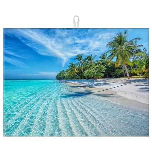 Beach Palm Tree Dish Drying Mat for Kitchen Counter Drying Pad Absorbent Reversible Dish Drainer Rack Mats Draining Pad 18"x24"Inch