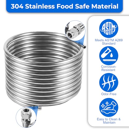 Wort Chiller 1/2" x 25FT, Food Grade 304 Stainless Steel Immersion Chiller Coil, Ice Bath Water Chiller Beer Chiller Water Cooler Tubing Coil for Beer Brewing, with 2PCS 1/2'' Connection Barbs - size: 1/2" x 25 Ft Wort Chiller