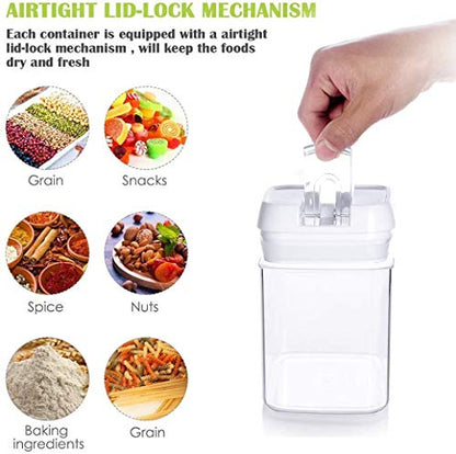 Airtight Food Storage Container Set, 7 Pieces Clear plastic cereal Canisters, easy lock Lids, kitchen pantry organization and storage, BPA free plastic, Included 24 labels & Marker