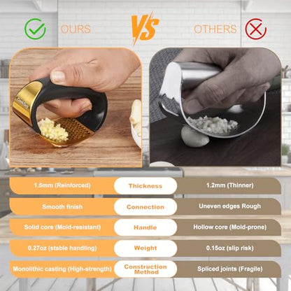 Cook Guy 304 Stainless Steel Garlic Press Rocker Set - Premium Garlic Mincer, Crusher, Peeler, and Scraper Tool for Effortless Mincing - Comfortable Grip Garlic Grinder (Gold) - color: Gold