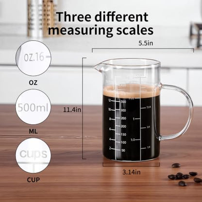 FrutPunch Glass Measuring Cup, 500ML (18OZ, 2 Cups), with Three Scales and V-Shaped Mouth Measuring Cup, High Borosilicate Glass Liquid Measuring Cups, Suitable for Kitchen and Restaurant. - size: 18OZ