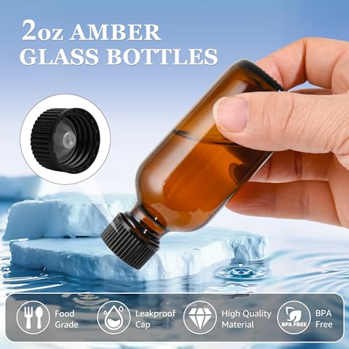 2 oz Small Glass Bottles with Lids Boston Round Shot Bottles for Health,Immunity, Ginger Juice, Essential Oils, Leak Proof Mini Travel Containers (Amber, 24Pack) - color: Amber, size: 2oz 24