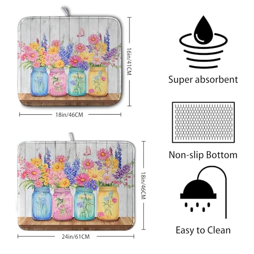 Daisy Dish Drying Mat for Kitchen Counter Spring Summer Flowers Vases Dishes Pad Microfiber Absorbent Dish Draining Mats Rustic Farmhouse Floral Wooden Board Dish Drainer Rack Mat 18x24 Inch - size: 18" x 24"
