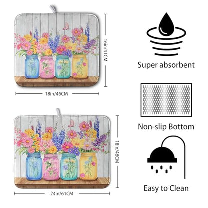 Daisy Dish Drying Mat for Kitchen Counter Spring Summer Flowers Vases Dishes Pad Microfiber Absorbent Dish Draining Mats Rustic Farmhouse Floral Wooden Board Dish Drainer Rack Mat 16x18 Inch - size: 16" x 18"