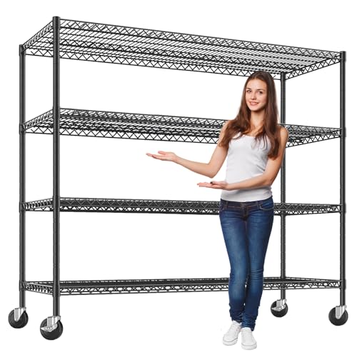 4 Tier Heavy Duty Wire Garage Shelving with Wheels, 2200 LBS Capacity, 24"D x 56"W x 75"H, Adjustable Metal Storage Rack, Industrial Shelves for Warehouse, Kitchen, Garage, Pantry and Utility Room