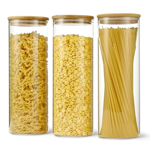 D2scrma 70oz Straight cylindrical Airtight Storage Jars with Bamboo Lid Set of 3 Storage Container Glass Jars, Kitchen Canister for Noodles, Pasta and Coffee beans (‎with Black Lable)