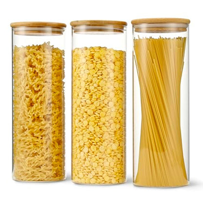D2scrma 70oz Straight cylindrical Airtight Storage Jars with Bamboo Lid Set of 3 Storage Container Glass Jars, Kitchen Canister for Noodles, Pasta and Coffee beans (‎with Black Lable)