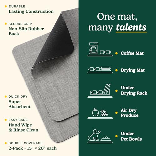 Cuisinart Coffee Mat for Countertop (2 Pack)–Quick-Dry Absorbent Coffee Bar Mat for Espresso Machines & Brew Stations, Also Use as a Dish Drying Mat on Kitchen Counter, Non-Slip, Easy Care, 15” x 20” - color: Gray
