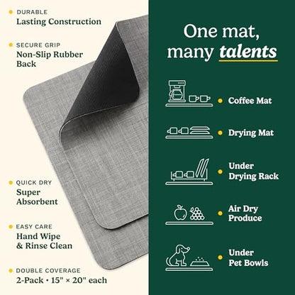 Cuisinart Coffee Mat for Countertop (2 Pack)–Quick-Dry Absorbent Coffee Bar Mat for Espresso Machines & Brew Stations, Also Use as a Dish Drying Mat on Kitchen Counter, Non-Slip, Easy Care, 15” x 20” - color: Gray