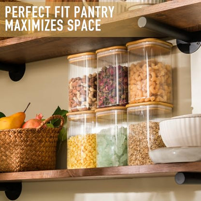 D2scrma 37oz Airtight Glass Square Storage Canisters with Bamboo Lids Set of 4 (1100ml) Striped Stackable Containers, Decorative Kitchen Jars for Tea, Nuts and Coffee (‎with Black Lable) - size: 37oz*4(Striped)