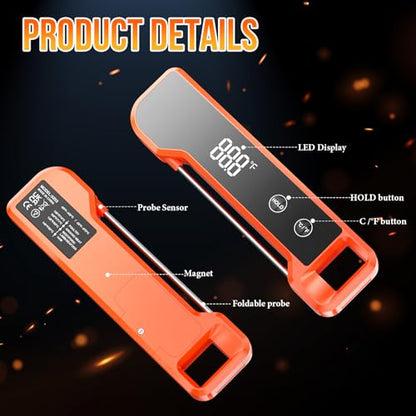 Instant Read Food Thermometer, Kitchen Cooking Gadgets with Backlit LCD Display, Fast & Accurate Temperature for Meat, BBQ, Grill, Baking, Deep Fry, Candy Making - Waterproof & Easy to Use