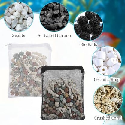 16 Pcs Aquarium Media Bag, Mesh Media Bags with Zipper for Fish Tank | 5.9x7.87 Inch/15x20cm Reusable Filter Bags, For Activated Carbon & Ceramic Rings, White and Black