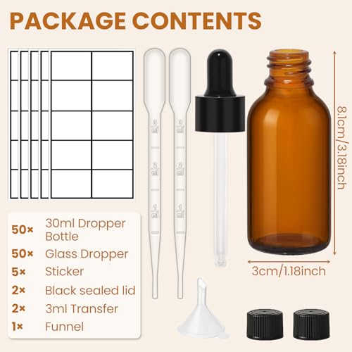 UPBUD 50 Pack 1oz Amber Glass Dropper Bottles Leakproof with Funnels, Eye Droppers, Extra Caps, Labels - Refillable UV 30ml Empty Bottles for Tinctures, Essential Oils, Perfume, Beard, Hair Oil - color: Amber-black-1oz, size: 1oz