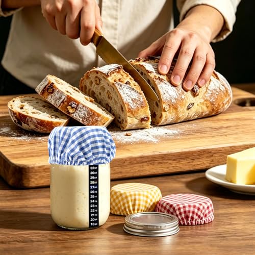5-Pack Sourdough Starter Jar Covers Kit, 3 Colorful Linen Cloth + Dough Scraper + Temperature Strip, Unbleached Reusable Fermentation Cover for 3‑4 Inch Mason Jars, Sourdough Bread Baking Supplies