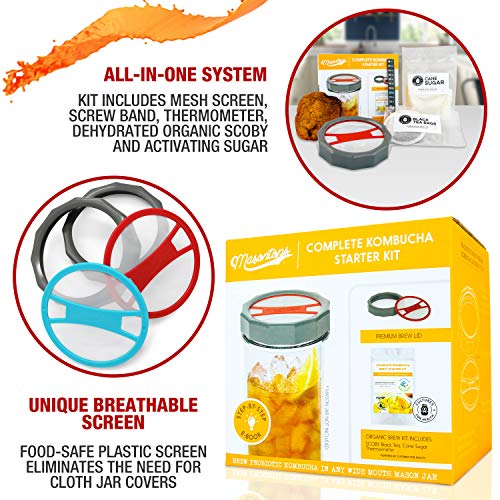 Masontops Complete Kombucha Starter Kit - Includes Organic Scoby, Thermometer, Activating Sugar & Kombucha Brewing Lid - size: Kombucha Starter Kit