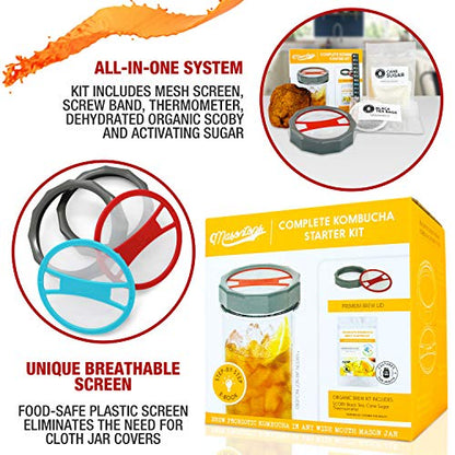 Masontops Complete Kombucha Starter Kit - Includes Organic Scoby, Thermometer, Activating Sugar & Kombucha Brewing Lid - size: Kombucha Starter Kit