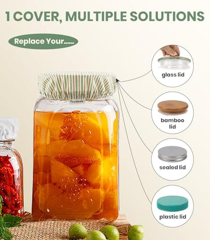 Cloth Jar Covers for Sourdough 4Pack, 4 inch Wide Mouth Kombucha Fabric Lid for Weck Mason Jars, Green Striped - style: Green Striped Cotton