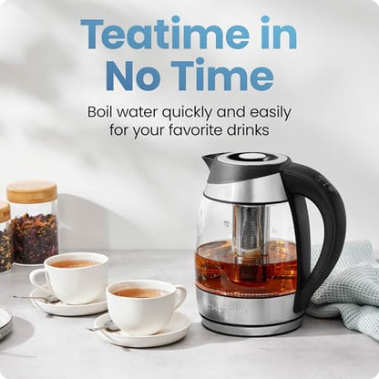 Chefman Electric Kettle with Temperature Control, 5 Presets LED Indicator Lights, Removable Tea Infuser, Glass Tea Kettle & Hot Water Boiler, 360° Swivel Base, BPA Free, Stainless Steel, 1.8 Liters - size: 1.8L