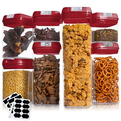 Cheer Collection Airtight Food Storage Containers – Set of 7 Stackable Pantry Organizers with Secure Lids, Kitchen Containers for Dry Goods, Flour, Sugar & More, Red - color: Red