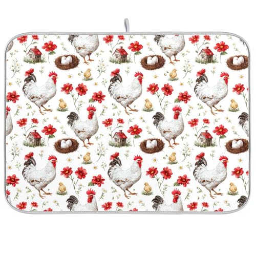 Dish Drying Mat for Kitchen Counter Watercolor Chicken Rooster Absorbent Drying Dish Mat 16×18 inch Dish Rack Pad Coffee Mat for Sink Dishes Under Rack - color: multicolored.22, size: 16x18in