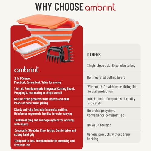 Medium 8L BBQ Prep Tub with Lid & 2 pcs Meat Shredder Claws, Collapsible Cutting Board for Brisket, BBQ Tray for Meal Prep marinating, Versatile Kitchen Container for Meat & Food storage