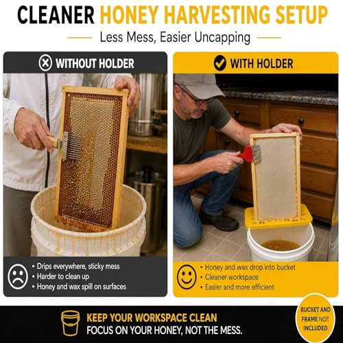XICHENGSHIDAI Honey Uncapping Holder for 5 Gallon Bucket, Frame Rest | Supports a honey frame over a standard 5-gallon bucket; grooved scraper edge directs wax cappings and honey into the bucket.