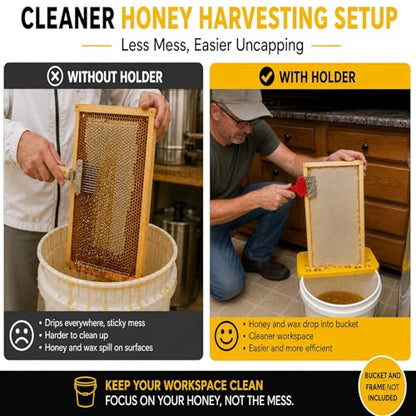 XICHENGSHIDAI Honey Uncapping Holder for 5 Gallon Bucket, Frame Rest | Supports a honey frame over a standard 5-gallon bucket; grooved scraper edge directs wax cappings and honey into the bucket.