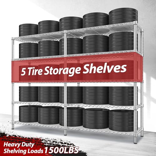 REIBII 1500LBS Storage Shelves 61.7''W Wire Shelving Unit 5 Tier Metal Shelving for Storage Rack Shelves Heavy Duty Garage Shelf Pantry Shelves Kitchen Shelving, 61.7" W*72.4" H*15.8" D, Chrome - style: Chrome-15.8" Dx61.7" Wx72.4" H-5 Tier