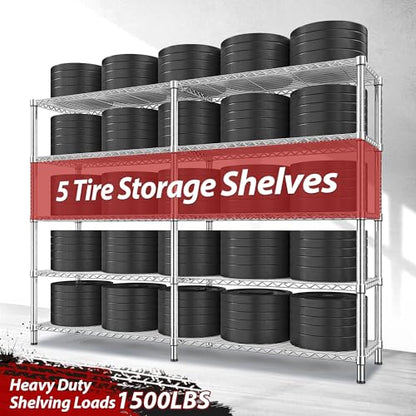 REIBII 1500LBS Storage Shelves 61.7''W Wire Shelving Unit 5 Tier Metal Shelving for Storage Rack Shelves Heavy Duty Garage Shelf Pantry Shelves Kitchen Shelving, 61.7" W*72.4" H*15.8" D, Chrome - style: Chrome-15.8" Dx61.7" Wx72.4" H-5 Tier