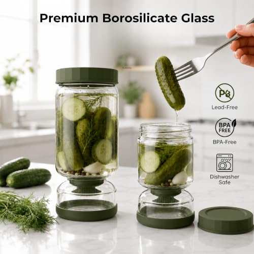 Neoflam Pickle Jar with Flip Strainer, 37 oz Glass Pickle Container for Olives, Jalapeños & Kimchi, Hourglass Juice Separator, Airtight Leak-Proof Food Storage, BPA-Free Wide Mouth Jar