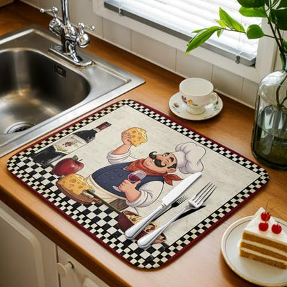 Dish Drying Mat for Kitchen Counter, Chef with Cheese Absorbent Dish Mats Foldable Microfiber Drainer Pad 1PCS 18"x16", Wine Bottle Black Plaid Frame Plate Holder Mat for Countertop Sink Decor - size: 1PCS-16x18in