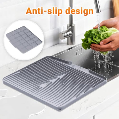 Silicone Dish Drying Mat for Kitchen counter, 15.8"x13" Extra Large Non-Slip Drain Pad with Built-in Drainage, Heat Resistant Dishwasher Safe, Grey - color: Gray, size: 15.8" x 13"