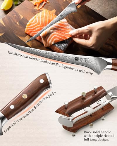 XINZUO 7 Inch Fillet Knife, Damascus Steel with 10Cr15MoV Core, Razor Sharp Boning Knife for Fish, Meat & Seafood, Rosewood Handle - size: 7"