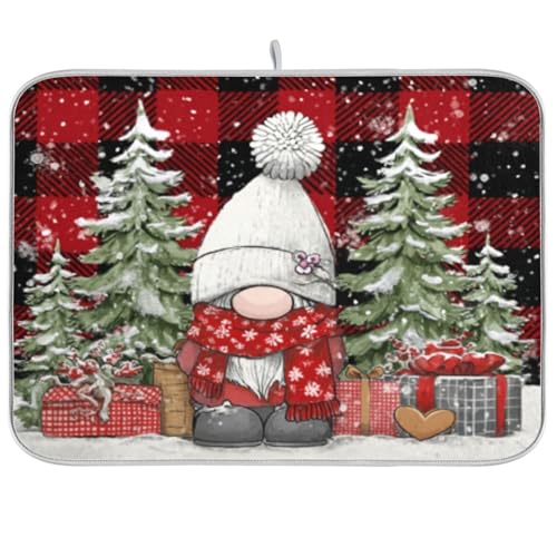 Kcldeci Christmas Gnome Plaid Dish Drying Mat Kitchen Counter Mat Draining Mat Kitchen Accessories Dish Rack Pad for Dishes, Utensils, Countertops, Sinks 16x18in - color: christmas gnome plaid, size: 16x18in