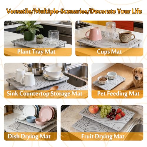 2PCS Nesting Stone Drying Mat for Kitchen Counter, Diatomaceous Earth Dish Drying Mat with Non-Slip Feet, Quick Dry Stone Mats Kitchen, Heat Resistant Stones Dish Dry Mats for Bottle Cup