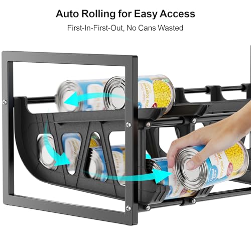 iSPECLE Pantry Can Organizer - Auto-Rolling, Expandable, Holds 120 Cans | Stackable For Walk-in Deep Pantry Shelve, Adjustable Width for Food Cans, Sturdy Metal Frame, Easy Access & Restocking, Black - color: 120 Cans, Black