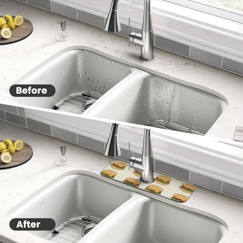 Cute Cheeseburger Print Faucet Mat for Kitchen Sink, Faucets Mat Splash Guard Absorbent Fast Drying, Kitchen Sink Mats for Around Faucet Draining