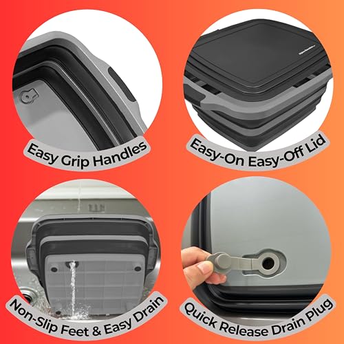 Collapsible X-Large (16L) BBQ Marinating Tub w/ Cutting Board | Multipurpose Food-Grade TPE Prep Tub w/ Lid | Built-In Colander & Drain Plug - For Camping | Tailgate | Picnic - Slate Black - size: X-Large
