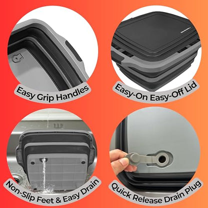 Collapsible X-Large (16L) BBQ Marinating Tub w/ Cutting Board | Multipurpose Food-Grade TPE Prep Tub w/ Lid | Built-In Colander & Drain Plug - For Camping | Tailgate | Picnic - Slate Black - size: X-Large