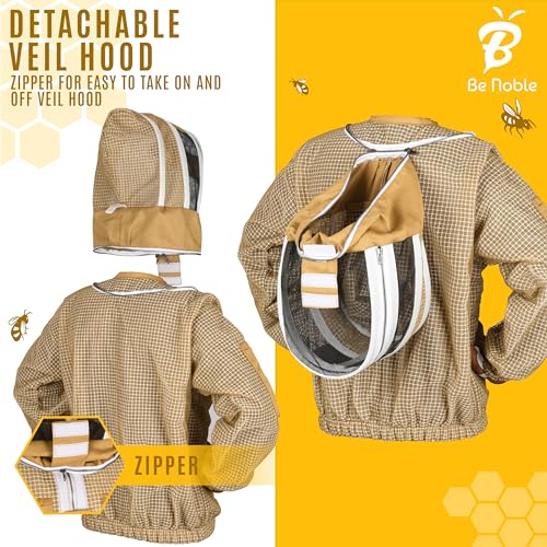 3 Layer Beekeeping Ultralight Ventilated Jacket with Two Veils. Fully Protective Metal Zipper Jacket with Round Veil and Fencing Veil. (Khaki, XL)