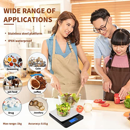 Small Digital Gram Scale 1000g by 0.01g, MEIYA High Accuracy Scale for Food Ounces and Grams, Upgrade USB Charging Kitchen Scale Digital Weight for Cooking, Baking, with Tare Function, 9 Units, 2 Tray - color: Black