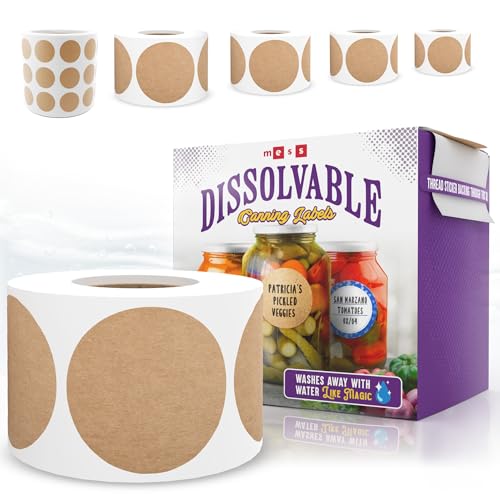 Dissolvable Canning Labels 1.5in Round, Removable Kraft Mason Jar Stickers | Water soluble, no residue, write on with pen, 200 per pack, jam, preserves, pantry, freezer, spice bottles, food storage - size: 1.5 inch