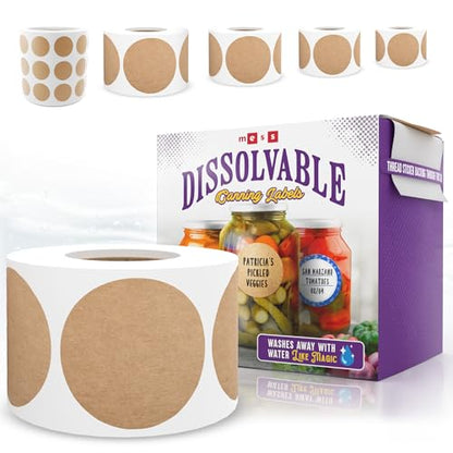 Dissolvable Canning Labels 1.5in Round, Removable Kraft Mason Jar Stickers | Water soluble, no residue, write on with pen, 200 per pack, jam, preserves, pantry, freezer, spice bottles, food storage - size: 1.5 inch