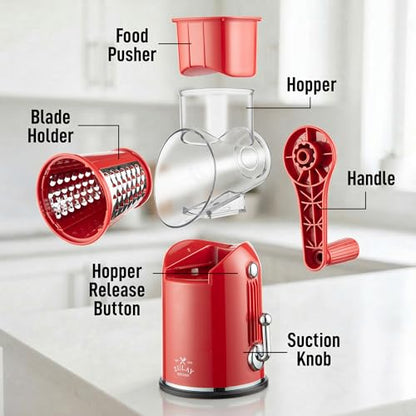 Zulay Kitchen Rotary Cheese Grater 5 Blade Cheese Shredder - Manual Hand Crank Cheese Grater With Reinforced Suction & 5 Interchangeable Drums - Easy to Use, Vegetable Chopper Round Mandoline Slicer - color: Classic | Red