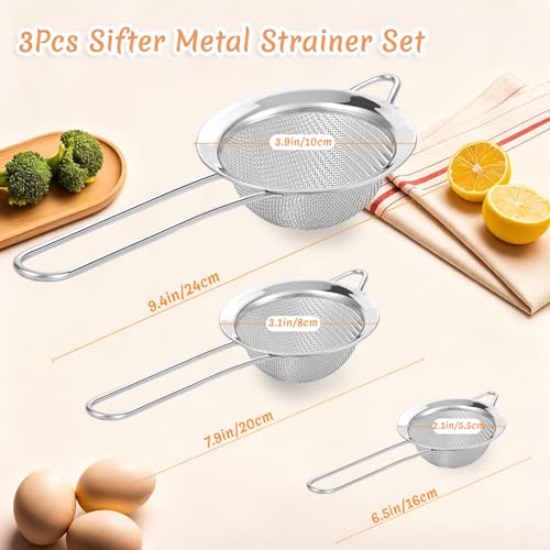 3Pcs Fine Mesh Strainer with Handle, Small Sifter Strainers Set, Stainless Steel Sieve Colander for Kitchen Baking Juice Quinoa Food Flour