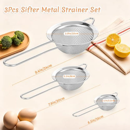 3Pcs Fine Mesh Strainer with Handle, Small Sifter Strainers Set, Stainless Steel Sieve Colander for Kitchen Baking Juice Quinoa Food Flour