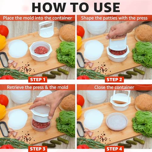 Hamburger Press Patty Maker - 4 in 1, Burger Mold, Patty Press, 10 Storage Containers, 100 Round Papers - Hamburger Patty Maker Tool for BBQ - Burger Shaper for Meat, Veggie Patties